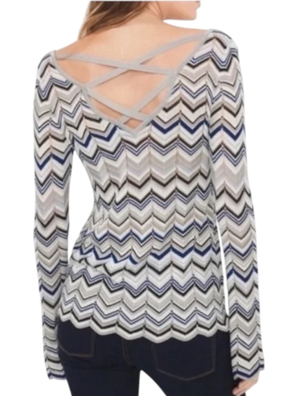 White House Black Market Multi-colour Chevron Scallop Cross Back Sweater (L)
